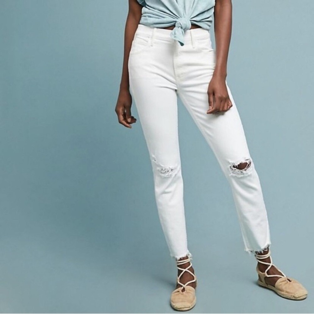 Mother The Flirt Ankle Chew Jeans Almost Innocent White Distressed  29 coastal